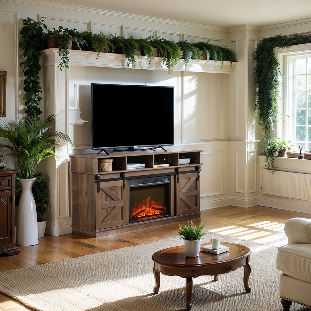 Modern Farmhouse TV Media Stand, Large Barn Inspired Home Entertainment Console, with 23" Fireplace Insert, for TV Up to 65'', with Open Shelves and Closed Cabinets, Natural Brown
